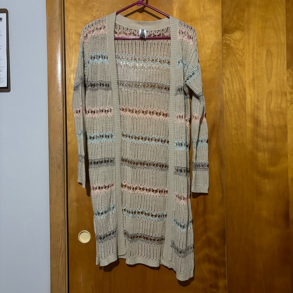 Vanity Beige Cardigan w/Pink, Gray & Blue Stripes